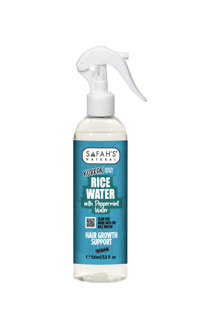 Safah's Naturals Rice Water hair growth support spray bottle on a white background