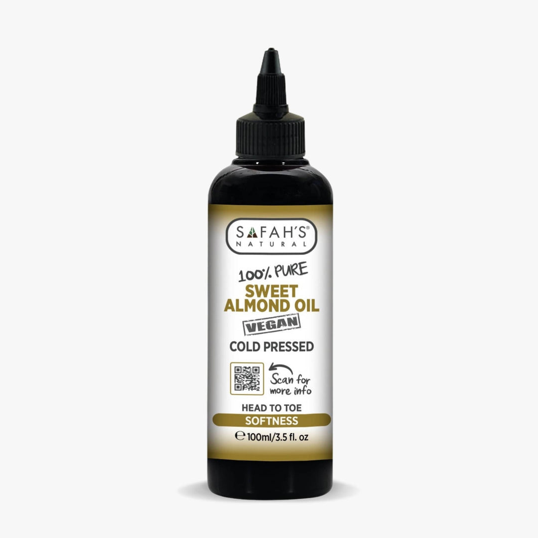 Safah's Natural sweet almond oil bottle on a white background 100ml