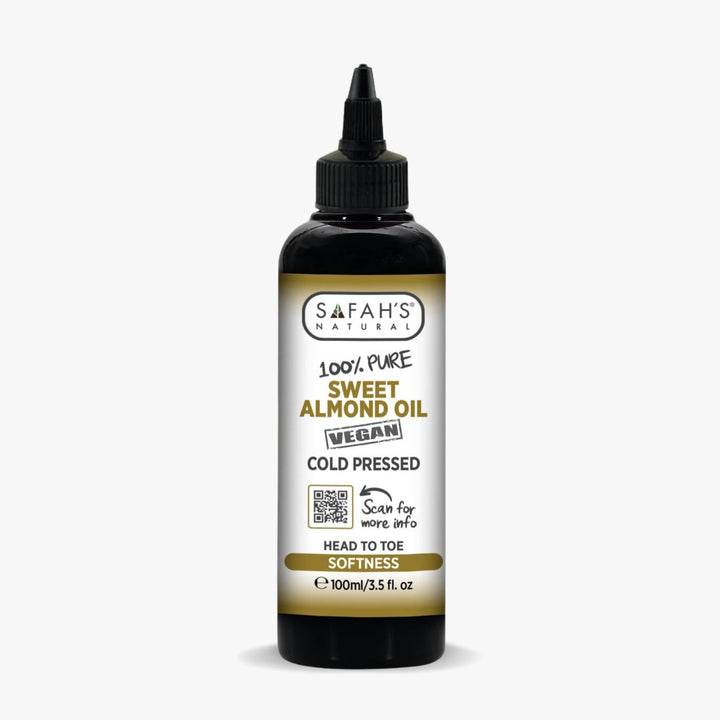 Safah's Natural sweet almond oil bottle on a white background 100ml