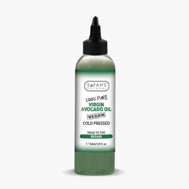 Bottle of Safah's 100% Pure Virgin Avocado Oil on a white background 30ml