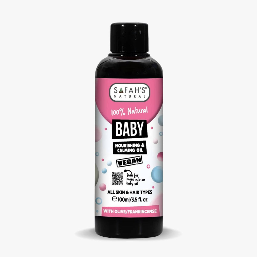 Safah's Natural Baby Nourishing and Calming Oil bottle on a white background
