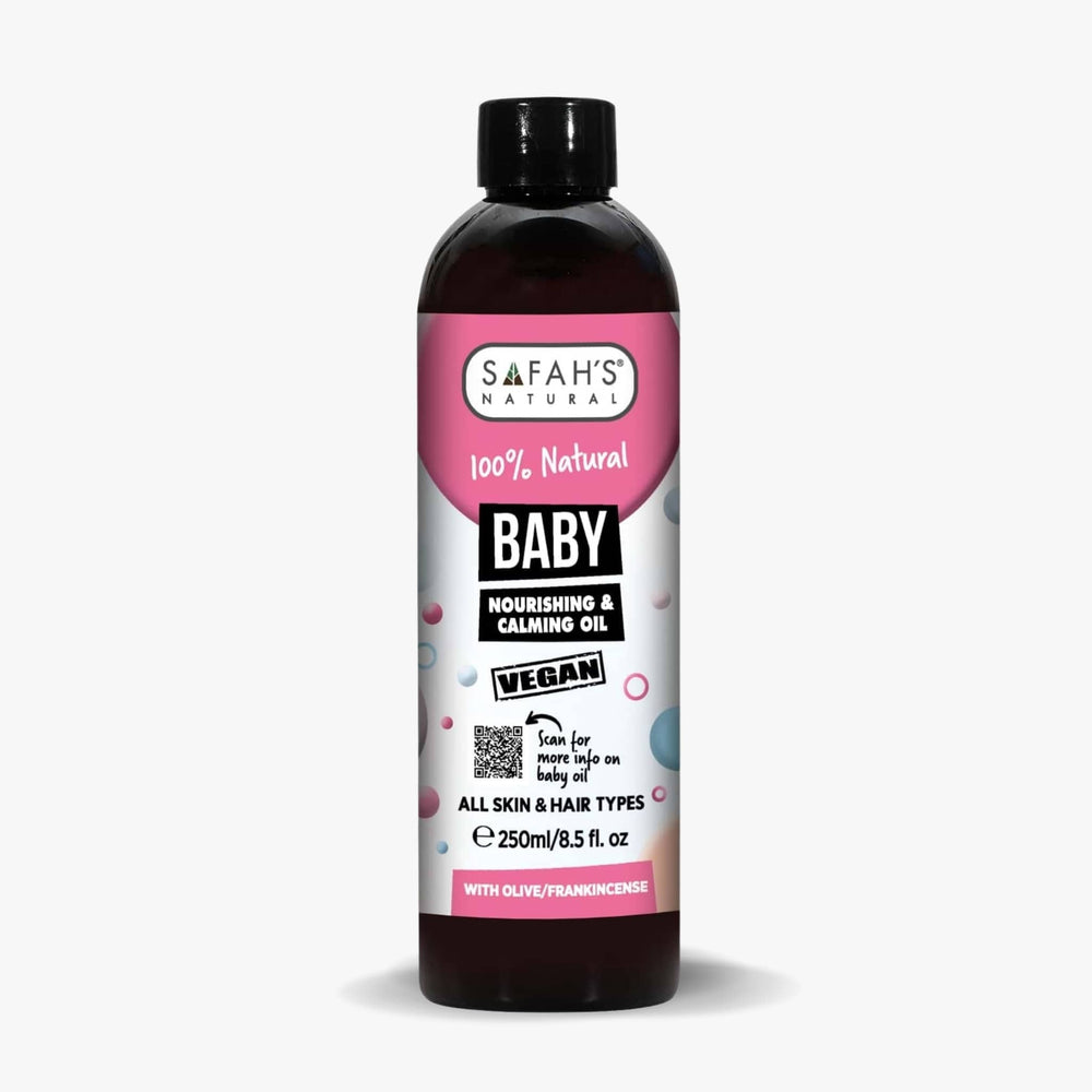 Bottle of Safah's Natural Baby Nourishing & Calming Oil on a white background