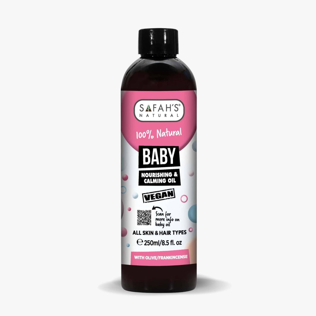 Bottle of Safah's Natural Baby Nourishing & Calming Oil on a white background