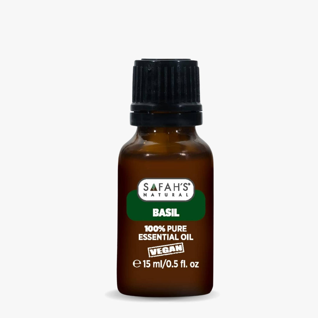 Safah's Natural Basil essential oil bottle on a white background