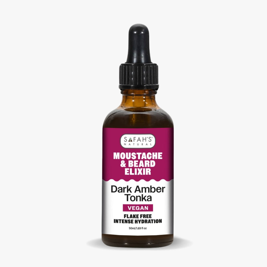 Bottle of moustache and beard elixir with a pink label on a white background