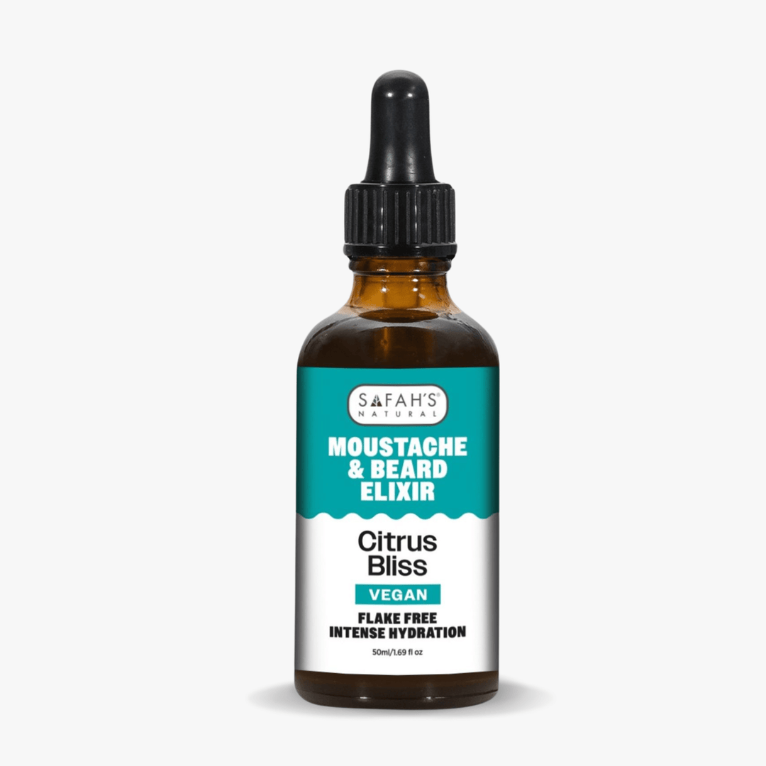 Bottle of Safah's Moustache & Beard Elixir Citrus Bliss on a white background