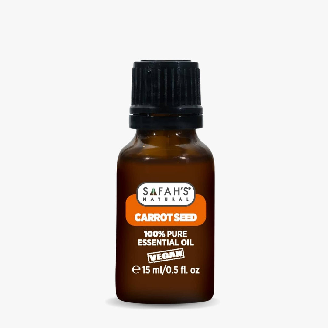 Safah's Natural Carrot Seed essential oil bottle on a white background 15ml