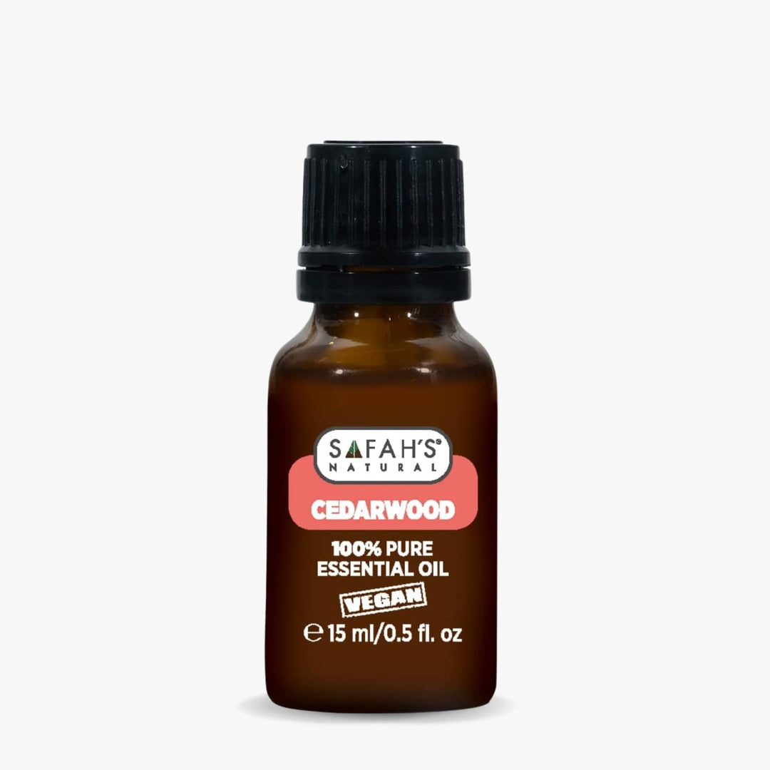 Safah's Naturals Cedarwood essential oil bottle on a white background 15ml