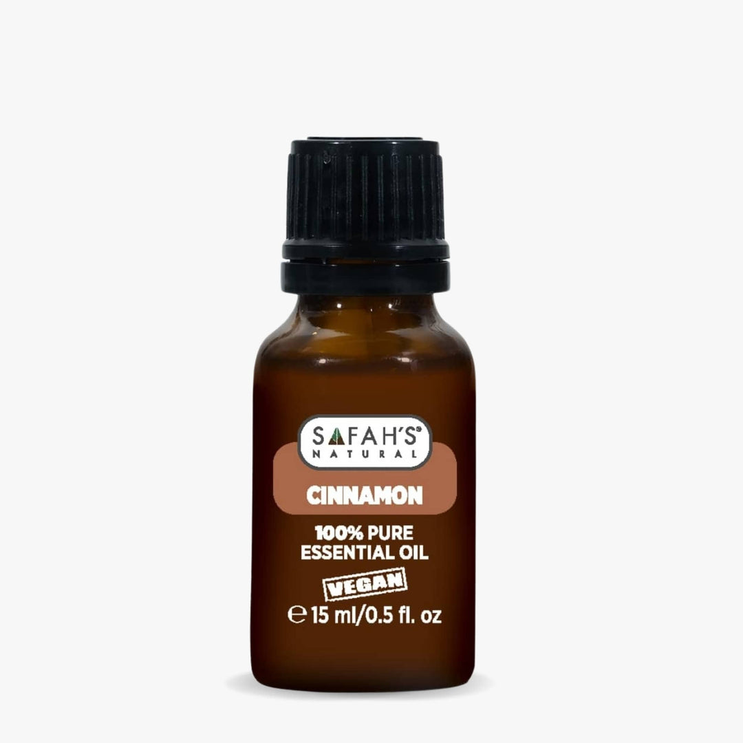 Safah's Natural Cinnamon essential oil bottle on a white background