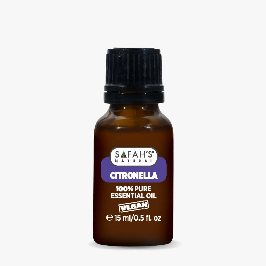 Safah's Natural Citronella essential oil bottle on a white background
