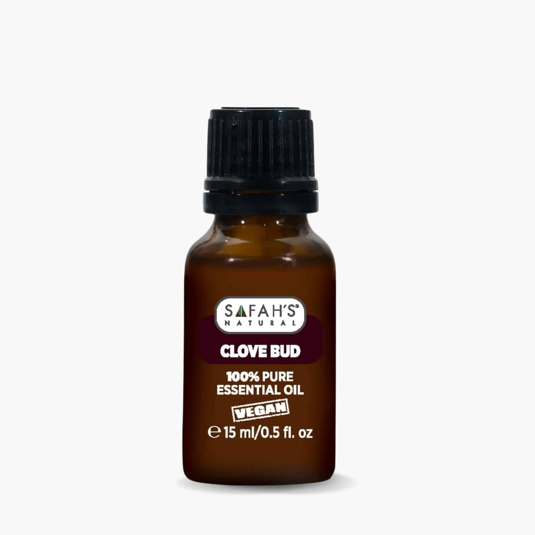 Safah's Clove Bud essential oil bottle on a white background