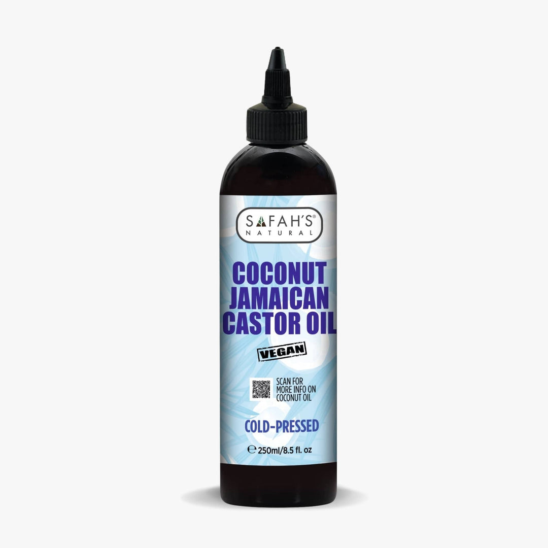 Bottle of Safah's Coconut Jamaican Castor Oil on a white background