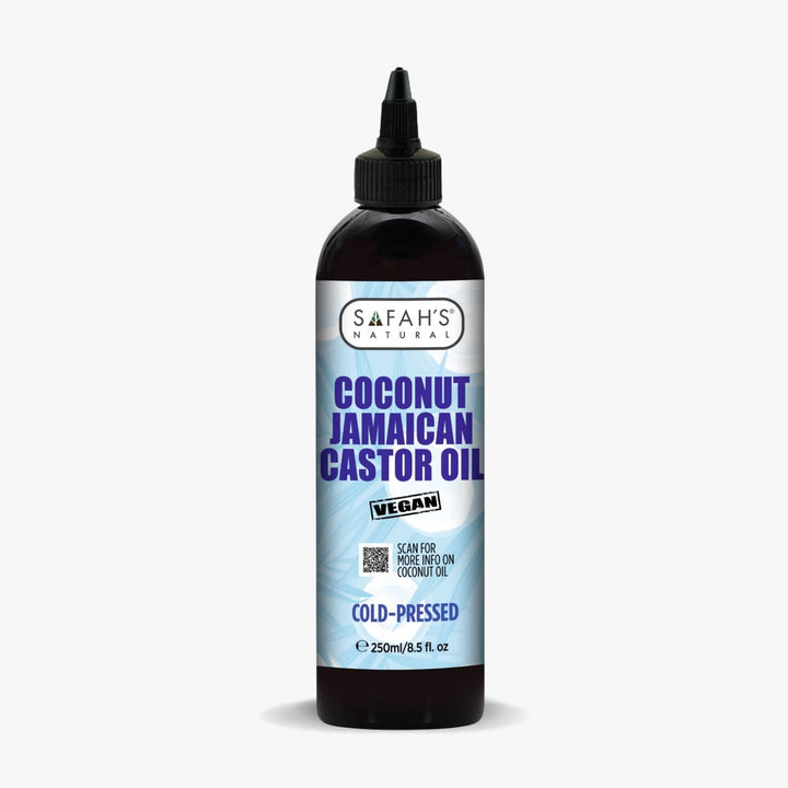 Bottle of Safah's Coconut Jamaican Castor Oil on a white background