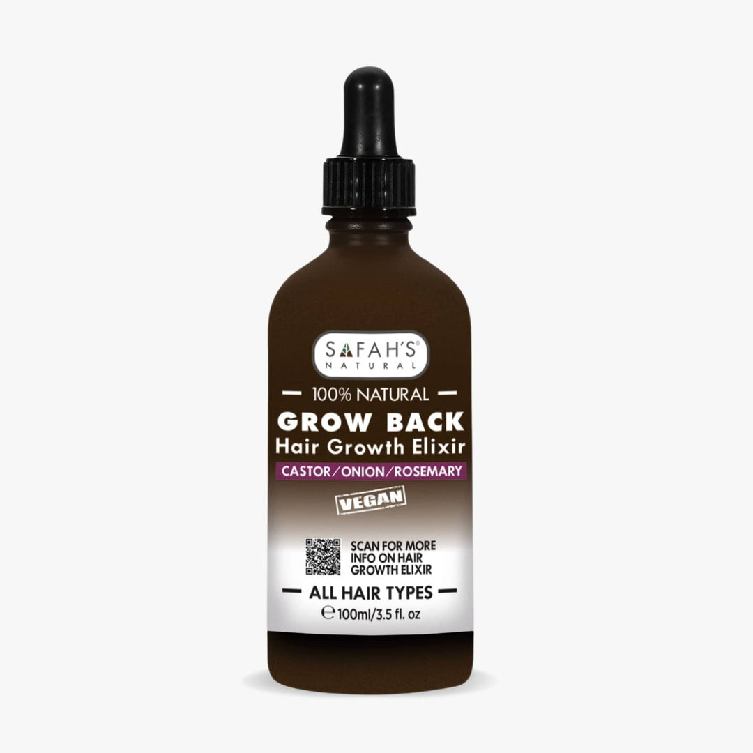 Safah's Naturals Grow Back Hair Growth Elixir bottle on a white background