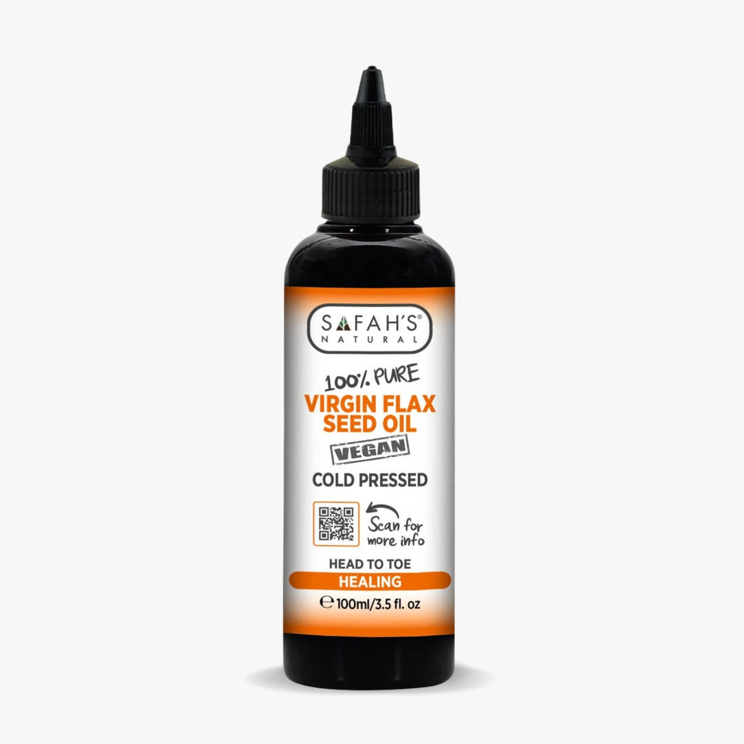 SafaH's Naturals virgin flax seed oil bottle on a white background 100ml