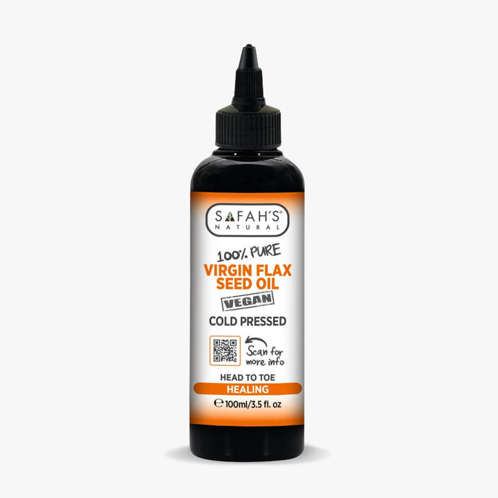 SafaH's Naturals virgin flax seed oil bottle on a white background 100ml