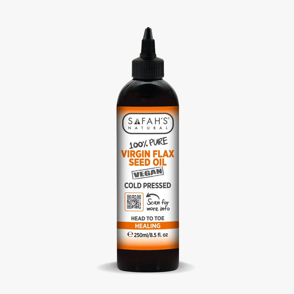 Bottle of Safah's Natural Virgin Flax Seed Oil on a white background 250ml