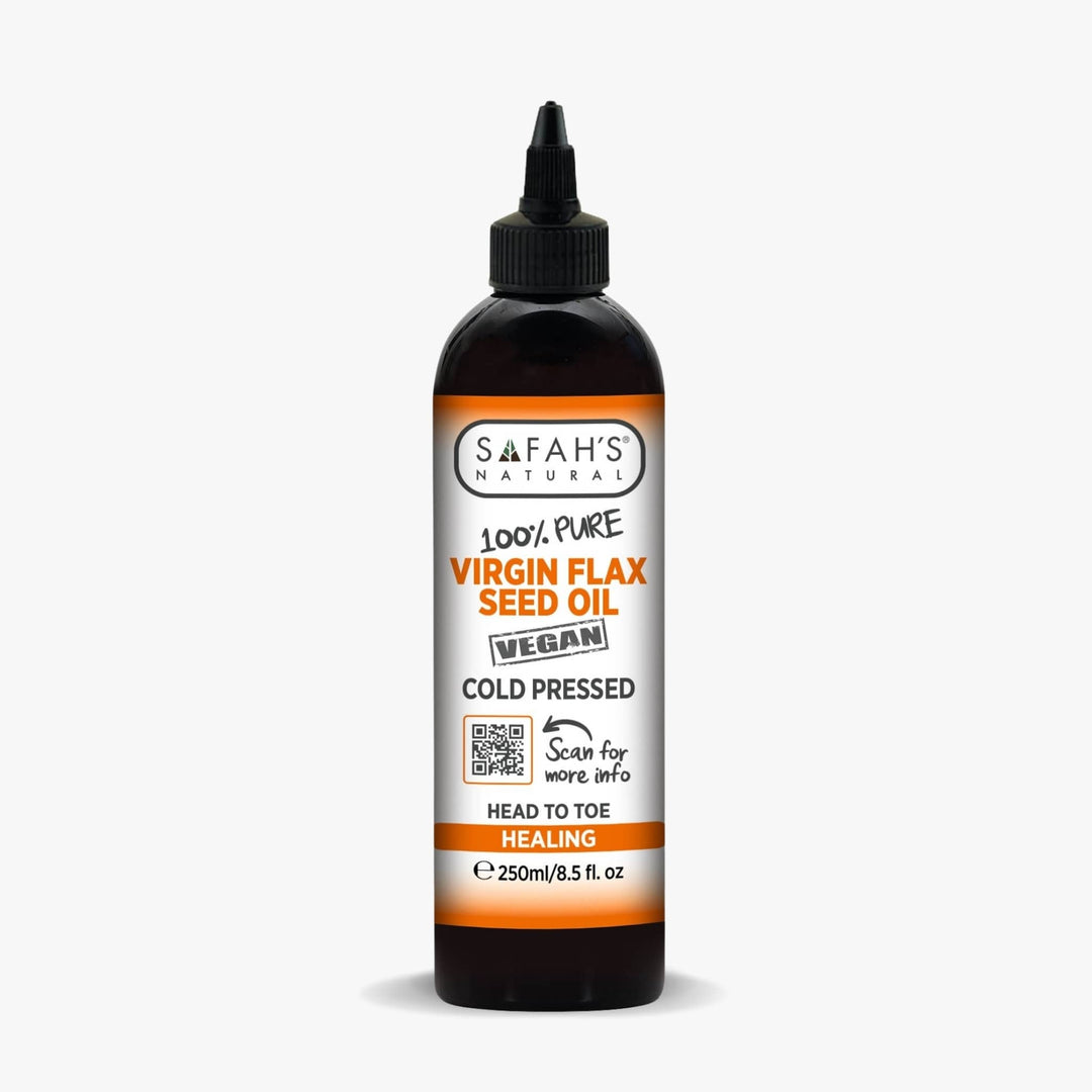 Bottle of Safah's Natural Virgin Flax Seed Oil on a white background 250ml