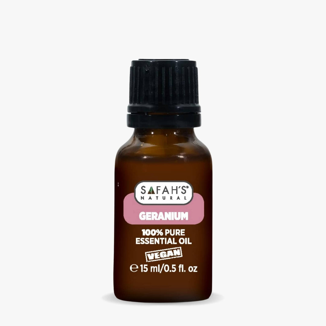Safah's Natural Geranium essential oil bottle on a white background