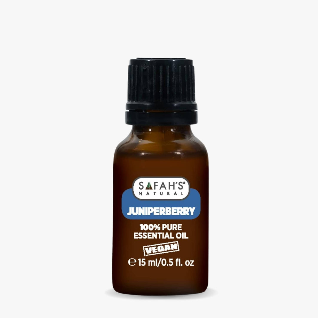 Brown bottle of Safah's Natural Juniperberry essential oil on a white background