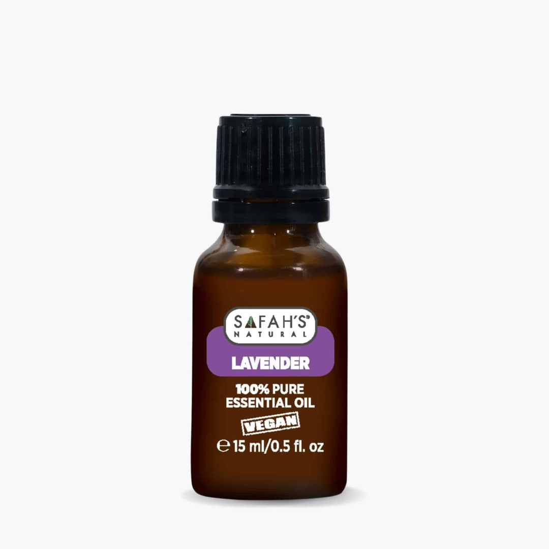 Safah's Naturals lavender essential oil bottle on a white background 15ml