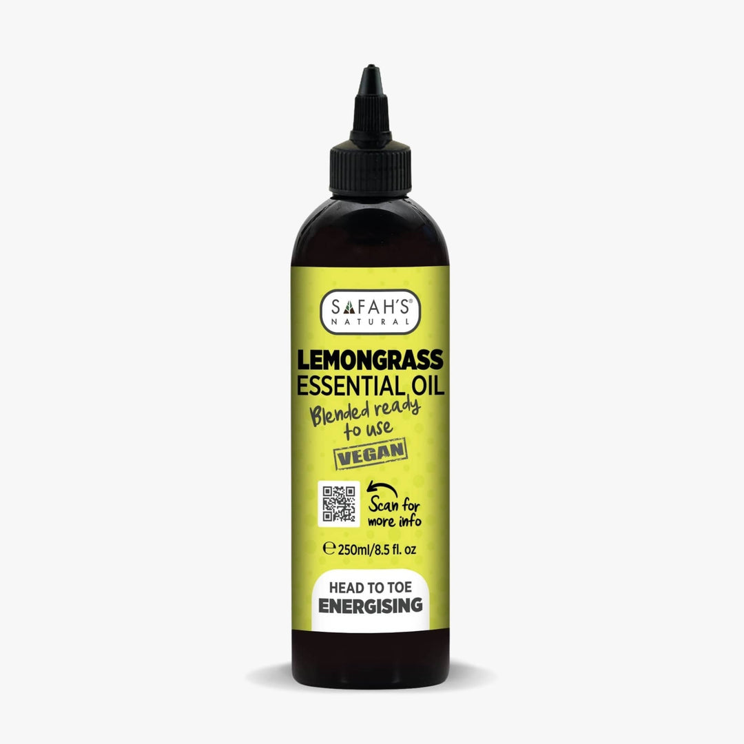 Safah's Lemongrass Essential Oil bottle on a white background