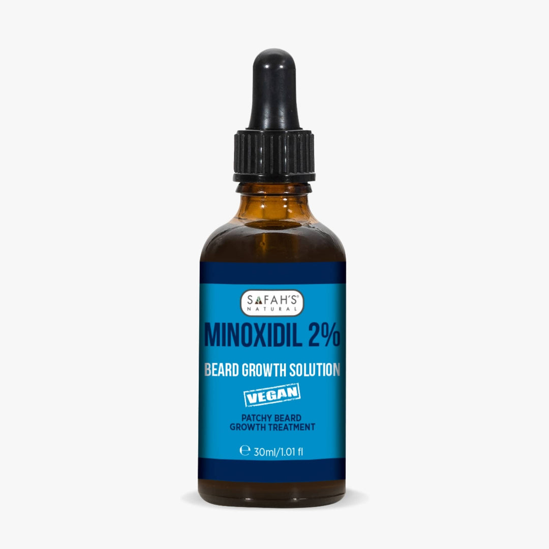 Bottle of Minoxidil 2% beard growth solution with a blue label on a white background