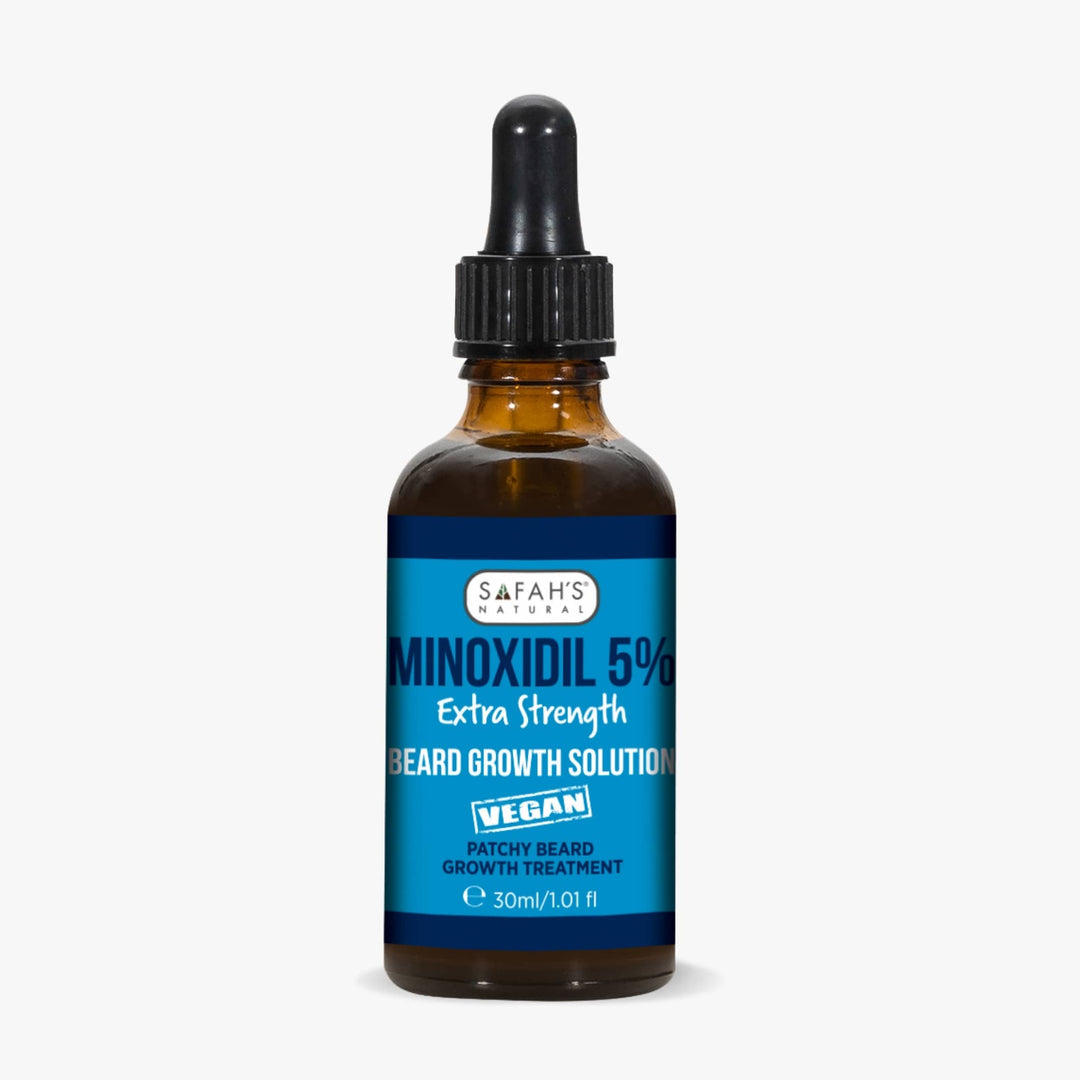 Bottle of Minoxidil 5% Extra Strength Beard Growth Solution with a blue label on a white background