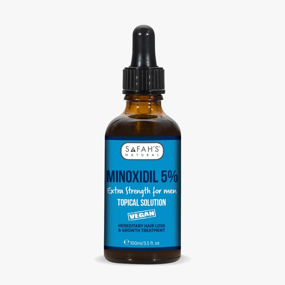 Safah's Minoxidil 5% bottle with blue label on a white background