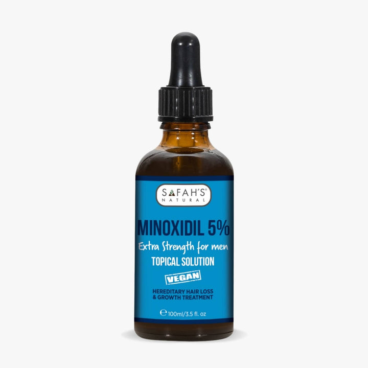 Safah's Minoxidil 5% bottle with blue label on a white background