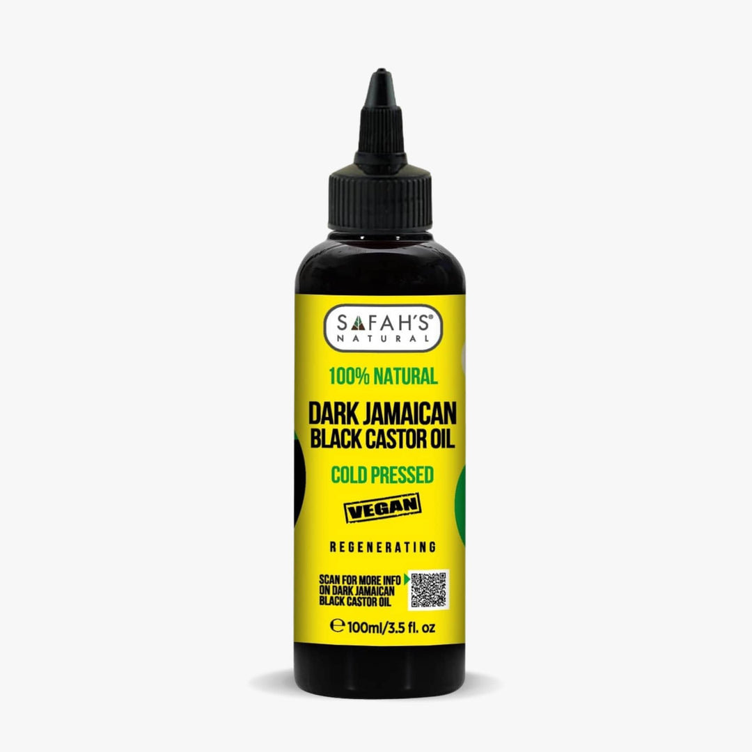 Safah's Dark Jamaican Black Castor Oil bottle on a white background