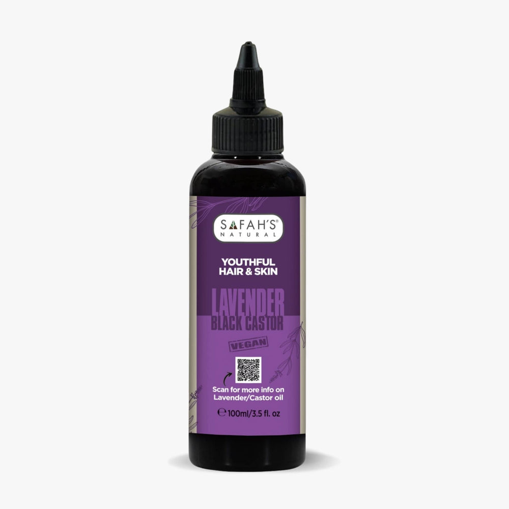 Safah's Naturals lavender black castor oil bottle on a white background