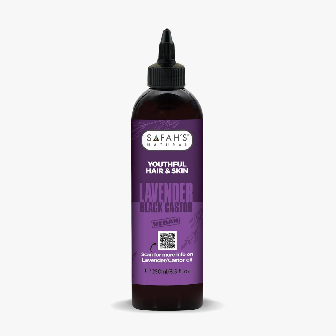 Safah's Naturals lavender black castor oil bottle on a white background