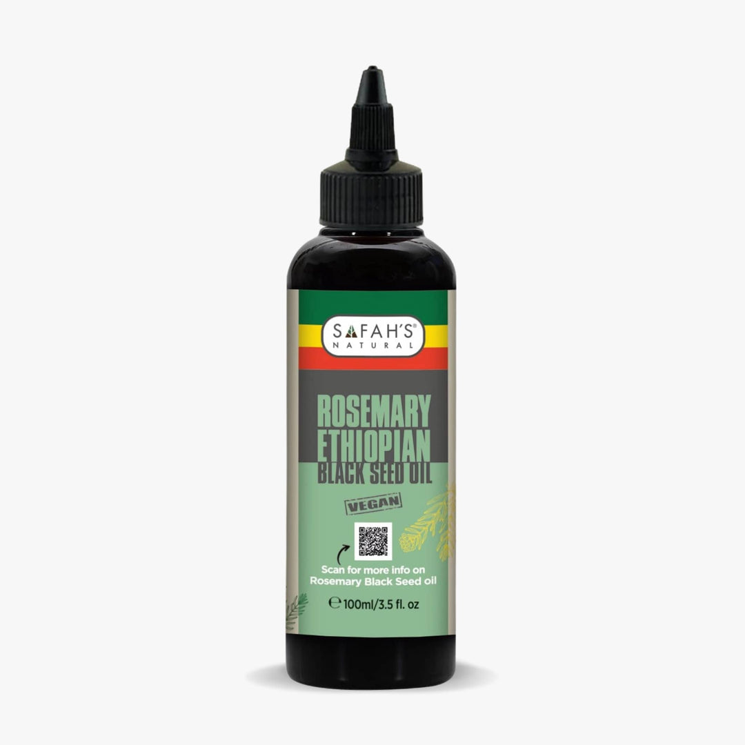 Bottle of Safah's Rosemary Ethiopian Black Seed Oil on a white background