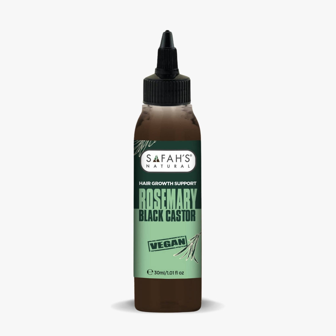 Bottle of Safah's Natura Rosemary Black Castor hair growth support on a white background