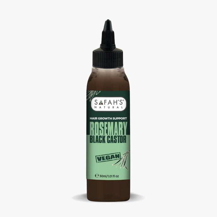 Bottle of Safah's Natura Rosemary Black Castor hair growth support on a white background