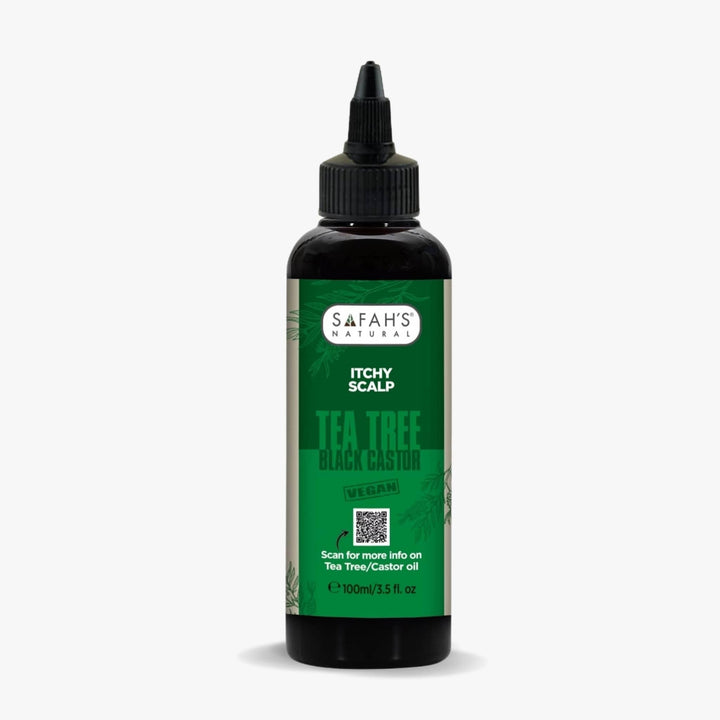 Safah's Naturals Tea Tree Black Castor oil bottle on a white background