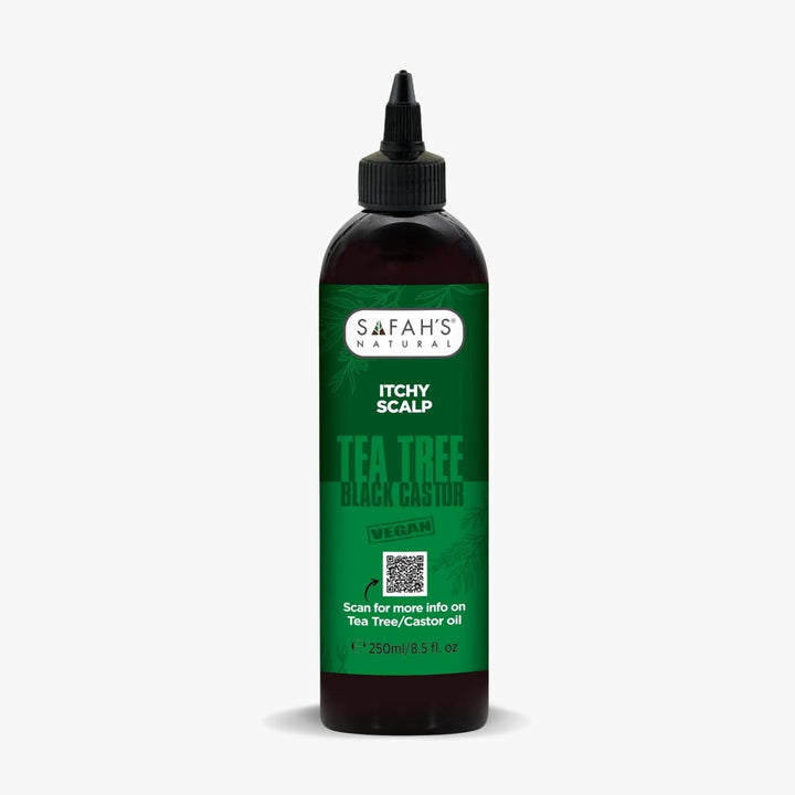 Bottle of Safah's Natural Tea Tree Black Castor oil on a white background