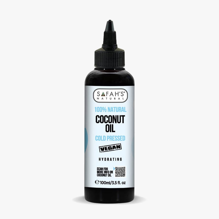 Bottle of Safah's Naturals coconut oil on a white background