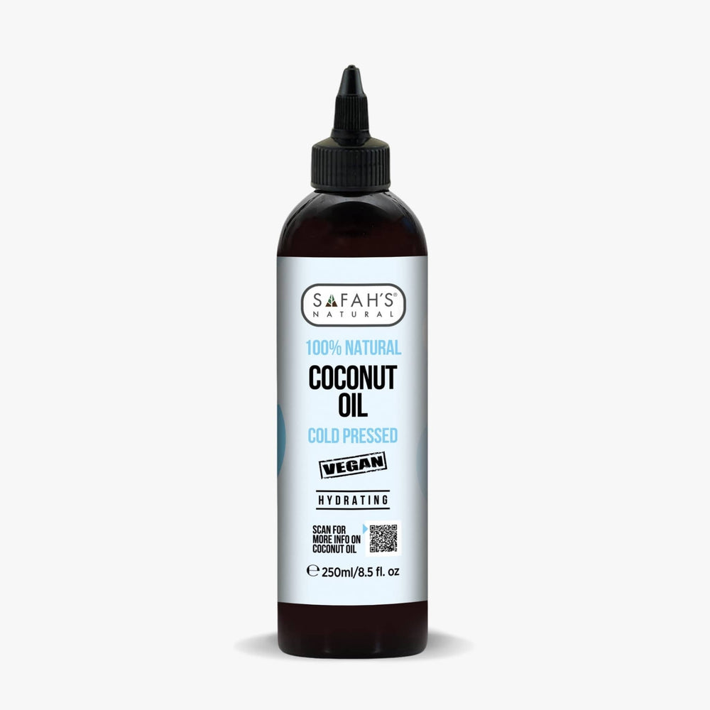 Safah's 100% Natural Coconut Oil bottle on a white background