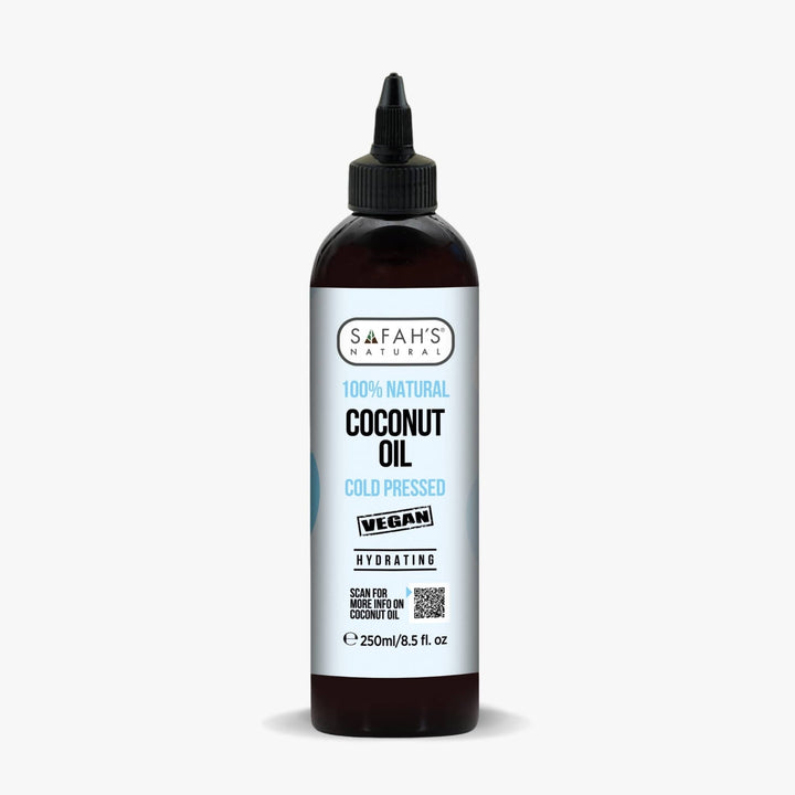 Safah's 100% Natural Coconut Oil bottle on a white background