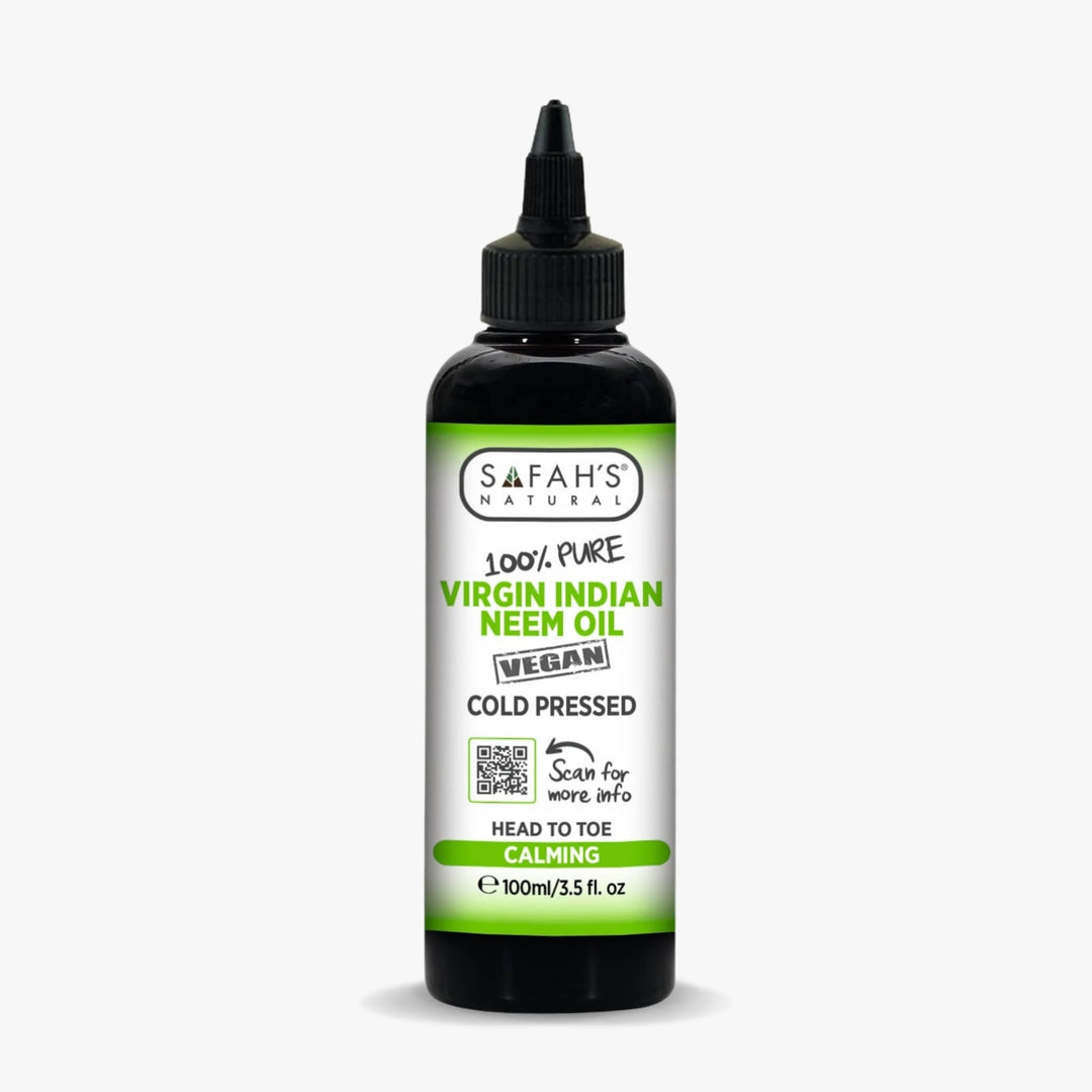 Safah's Natural Virgin Indian Neem Oil bottle on a white background 100ml