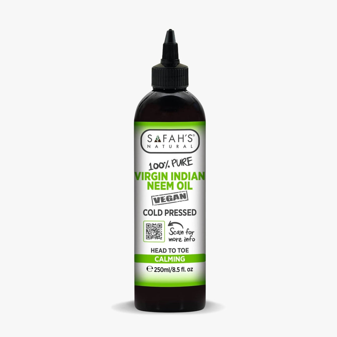 Bottle of Safah's Natural Virgin Indian Neem Oil on a white background 250ml