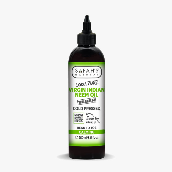 Bottle of Safah's Natural Virgin Indian Neem Oil on a white background 250ml