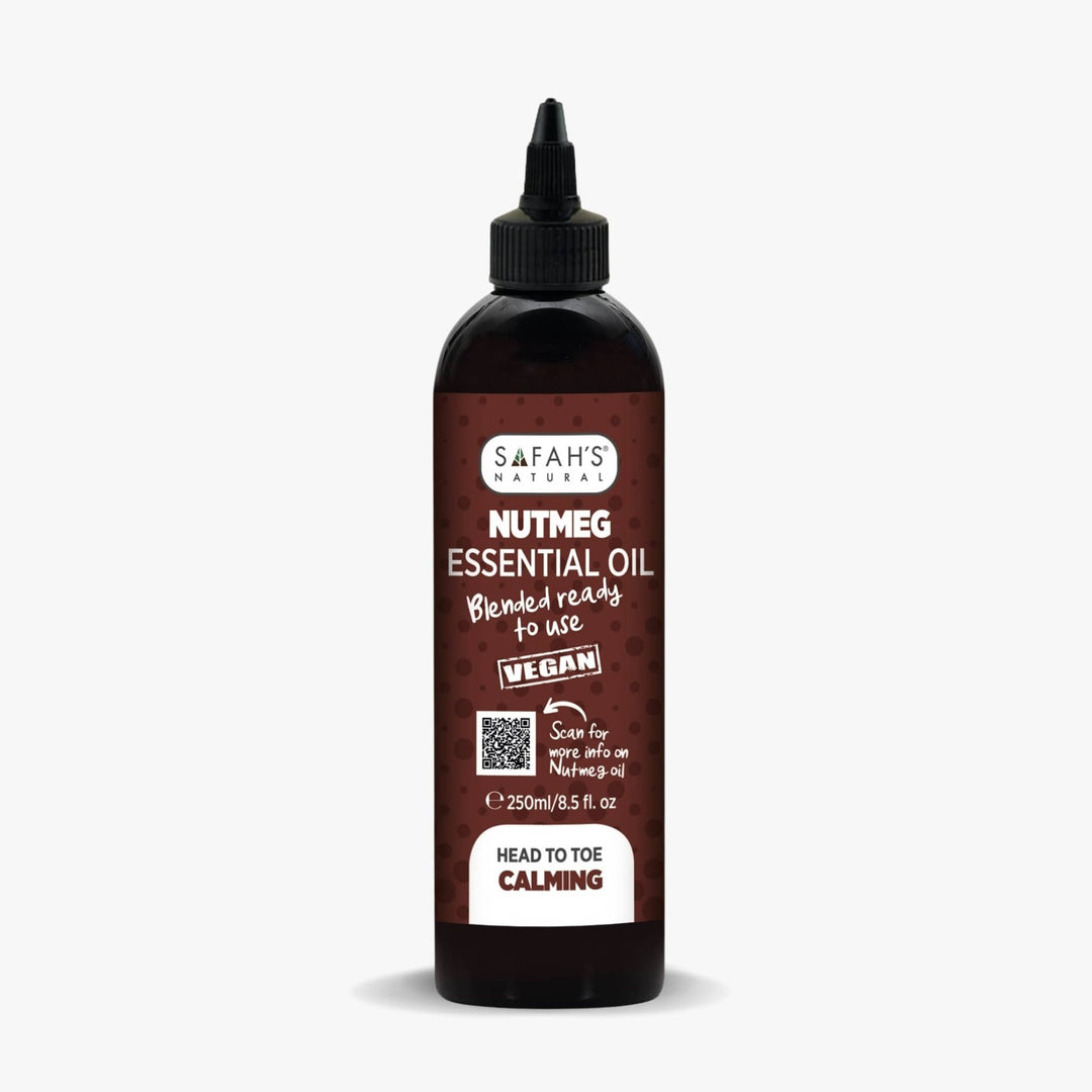 Bottle of Safah's Nutmeg Essential Oil on a white background