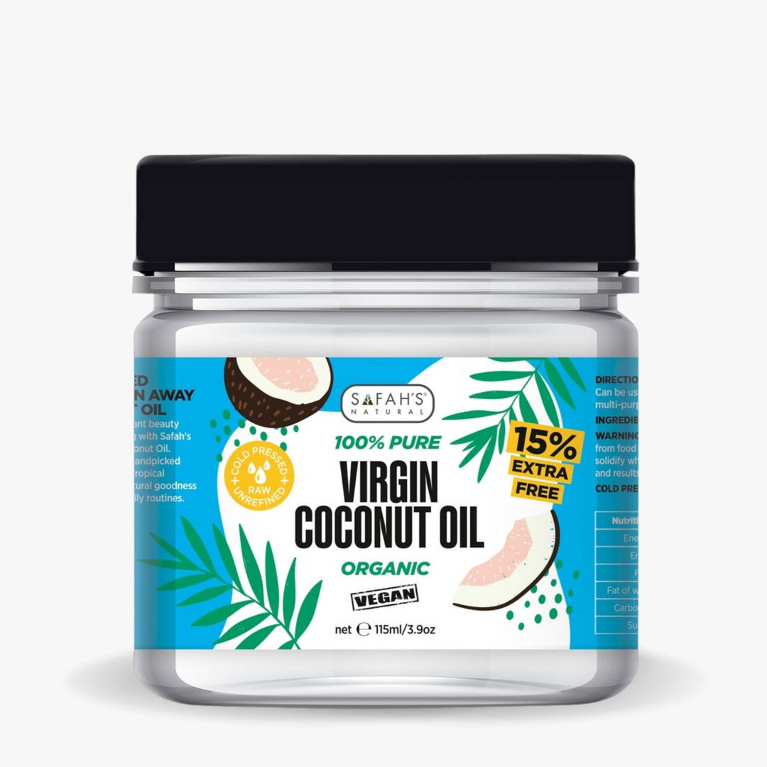 Jar of Safah's Virgin Coconut Oil with a black lid on a white background 100ml