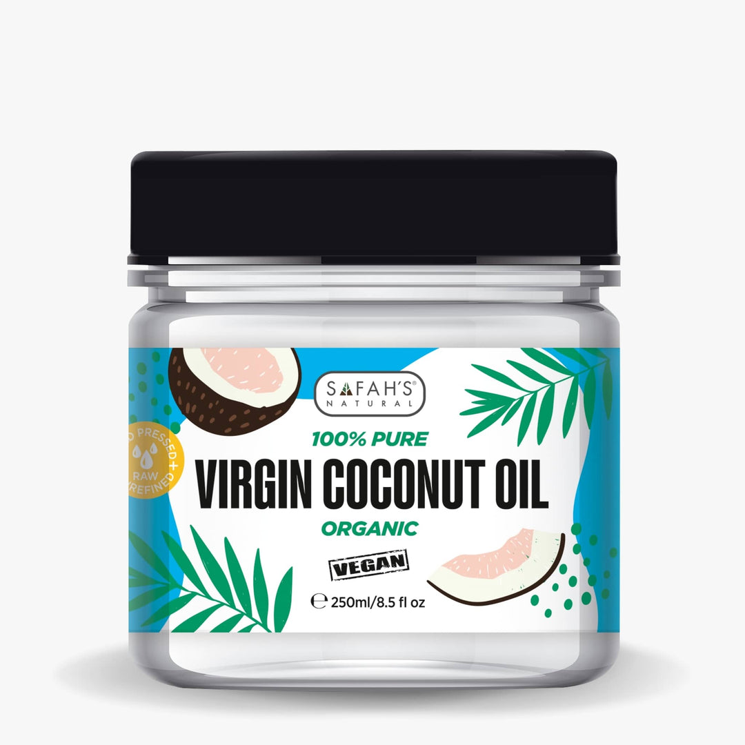Jar of Safah's Naturals Virgin Coconut Oil with a black lid on a white  background 250ml