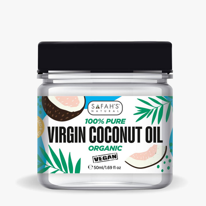 Jar of Safah's Natural Virgin Coconut Oil with a black lid on a white background 50ml