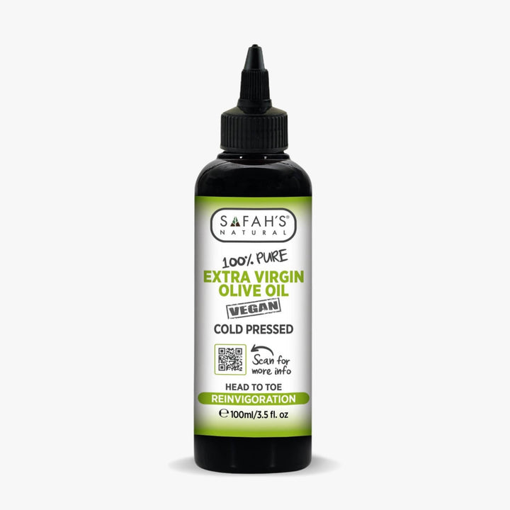 Bottle of Safah's Naturals Extra Virgin Olive Oil on a white background 100ml