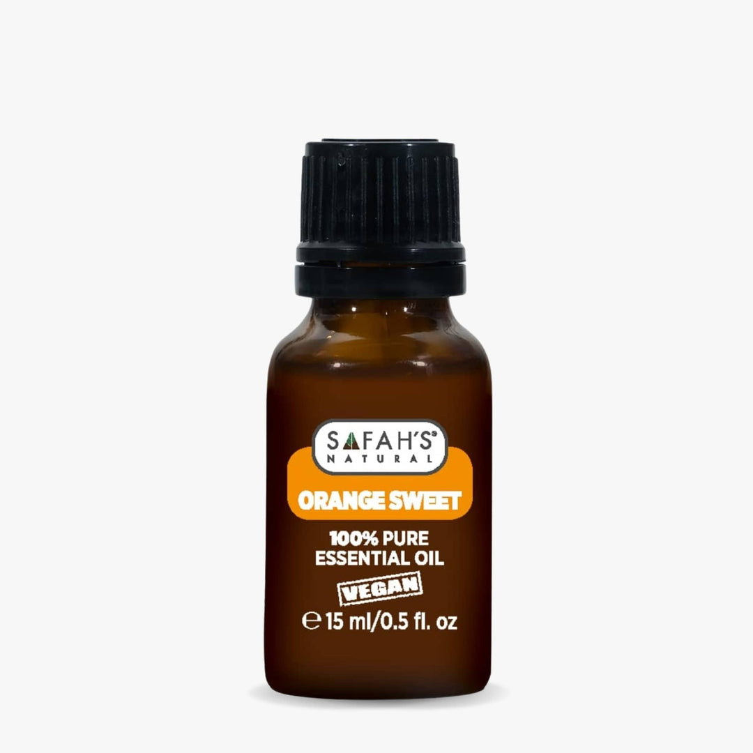 Safah's Naturals Orange Sweet essential oil bottle on a white background